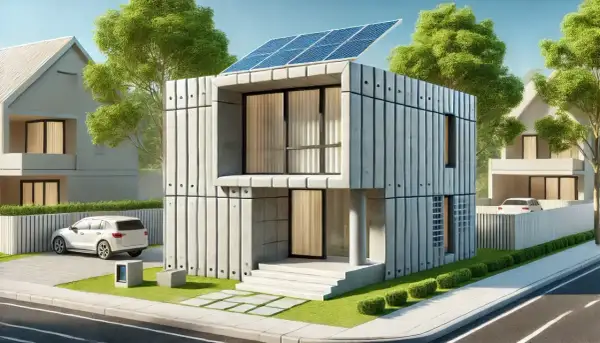 Una moderna casa costruita con stampante 3d, con pannelli solari sul tetto, un'auto bianca parcheggiata e un vialetto in cemento.