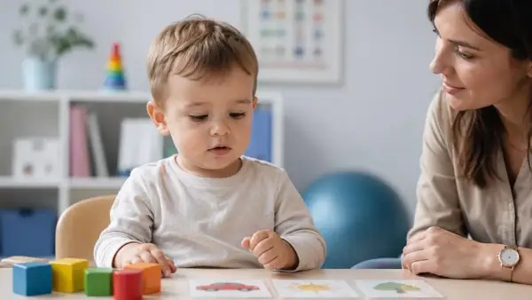 Uważne 2 letnie dziecko nie pokazuje palcem, ale skupia wzrok na kartach z obrazkami. Obok siedzi uśmiechnięta kobieta.