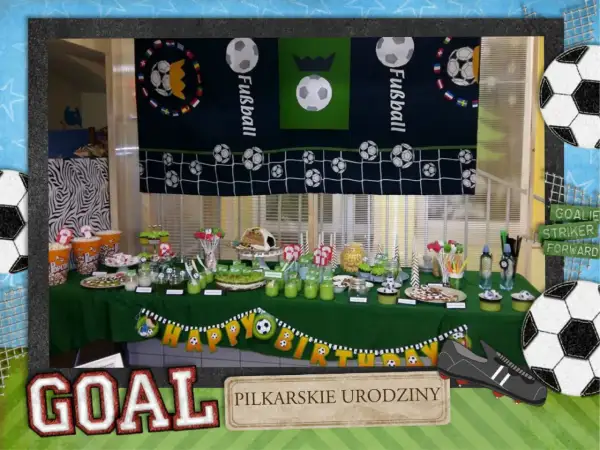 Stół z przekąskami na urodziny piłka nożna. Dekoracje w kształcie piłek, baner "Happy Birthday" i tort w kształcie piłki.