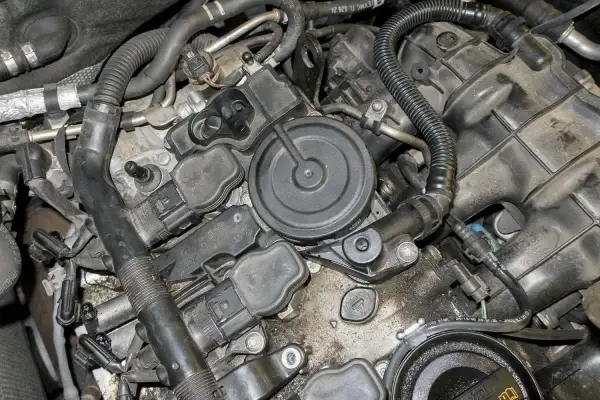 Silnik Audi z widocznymi cewkami zapłonowymi i przewodami. Może to być związane z błędem DTC P0171.
