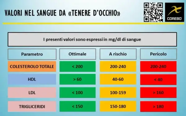 Tabella valori sangue: colesterolo totale, HDL, LDL, trigliceridi. Indica livelli ottimali, a rischio e pericolosi per monitorare il rapporto colesterolo totale e HDL.