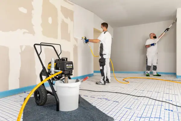 Appareil de projection airless pour enduit et peinture, utilisé par des peintres en bâtiment pour un travail de finition impeccable.