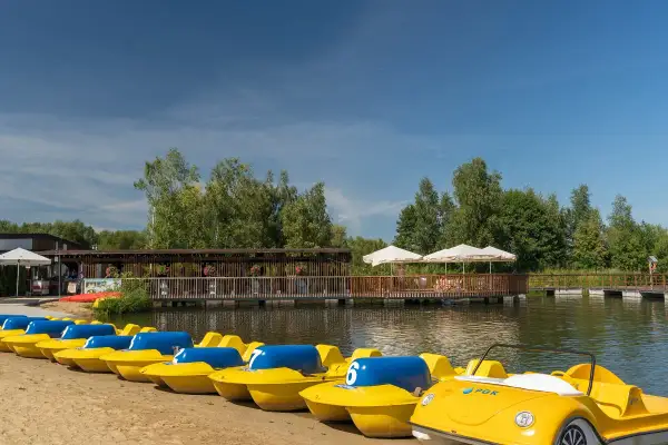 Żółte rowerki wodne czekają na plaży nad zalewem żyrardowskim. W tle drewniana kładka i zielone drzewa.
