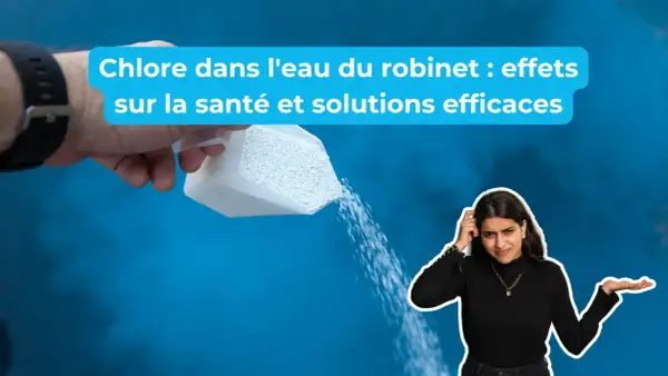Une main verse du chlore en poudre. Une femme perplexe se gratte la tête. Le chlore dans l'eau du robinet : effets sur la santé et solutions.
