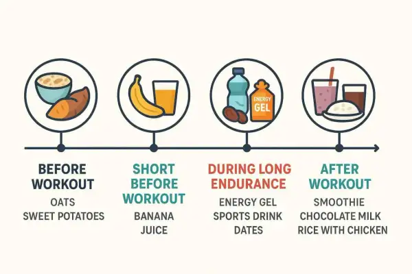 Grafik zeigt, was man vor, während und nach dem Training essen sollte. Schnelle Kohlenhydrate vor dem Training sind wichtig, z.B. Bananen.