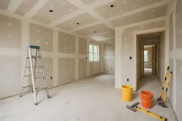 Chantier en cours : murs et plafond en plaques de plâtre, échelle, seaux et outils. Les travaux de second œuvre avancent.