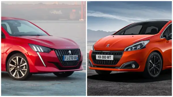 Dwa Peugeot 208, czerwony i pomarańczowy, prezentują swoje przednie części. Wiele osób szuka peugeot 208 opinie przed zakupem.