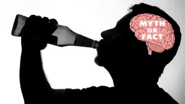 Silhouette di uomo beve da bottiglia, con cervello che mostra "Mito o Fatto". Il fegato ne risente, lasciando una bocca amara.