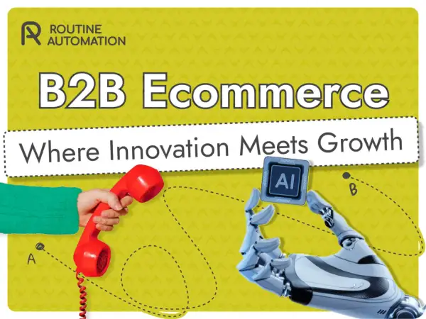 Ręka trzymająca słuchawkę telefoniczną i robot podający chip AI symbolizują innowacje w e-commerce B2B.