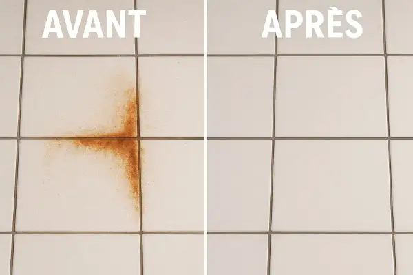 Avant/Après : une tache de rouille tenace sur le carrelage a été enlevée, laissant la surface impeccable.