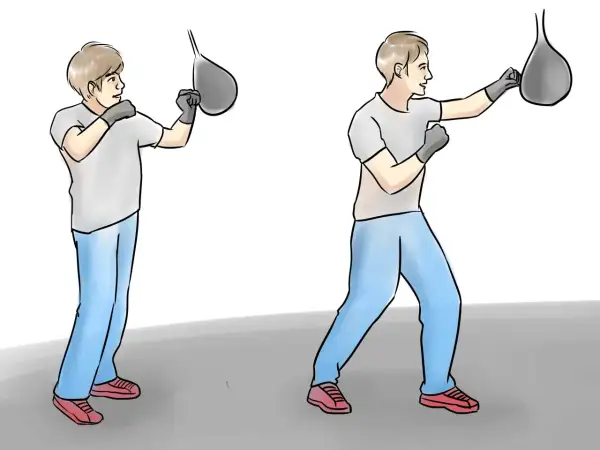 Two figures demonstrate how to hit a speed bag, showing proper stance and punching technique.