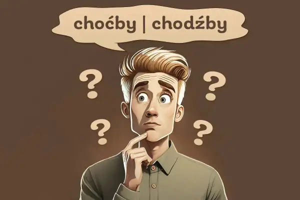 Zastanawia się, **choć czy chodź**? Wokół niego unoszą się znaki zapytania, symbolizujące jego wątpliwości językowe.
