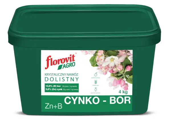 Zielony pojemnik z nawozem dolistnym Florovit Cynko-Bor. Opakowanie zawiera 4 kg produktu, który dostarcza roślinom bor i cynk, wspierając ich wzrost w sadownictwie, rolnictwie i warzywnictwie.