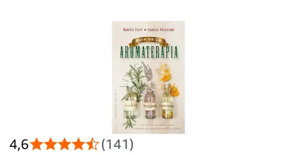 Libro "Guía de la Aromaterapia" con frascos de aceites esenciales y hierbas. Aprende qué son los aceites esenciales y cómo usarlos.