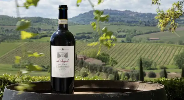 Bottiglia di vino nobile di Montepulciano DOCG su un barile, con vigneti e colline toscane sullo sfondo.