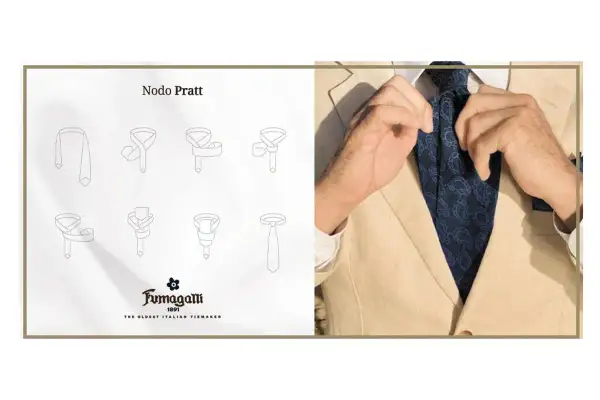 Illustrazione del nodo Pratt e un uomo che si sistema la cravatta, per imparare come fare il nodo alla cravatta.