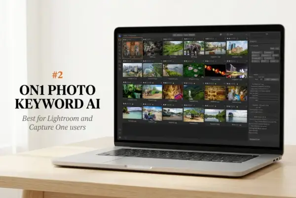 Laptop displaying ON1 Photo Keyword AI, a free AI photo organizer, showcasing a grid of travel photos.