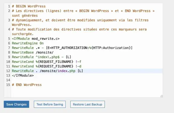 Extrait de fichier .htaccess montrant des directives `RewriteCond` pour la réécriture d'URL WordPress.