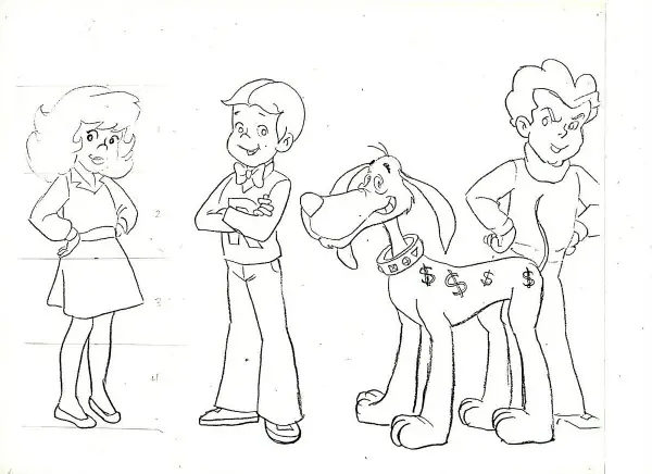 A Richie Rich drawing shows the boy, his girlfriend Gloria, and his dog Dollar, with another boy.