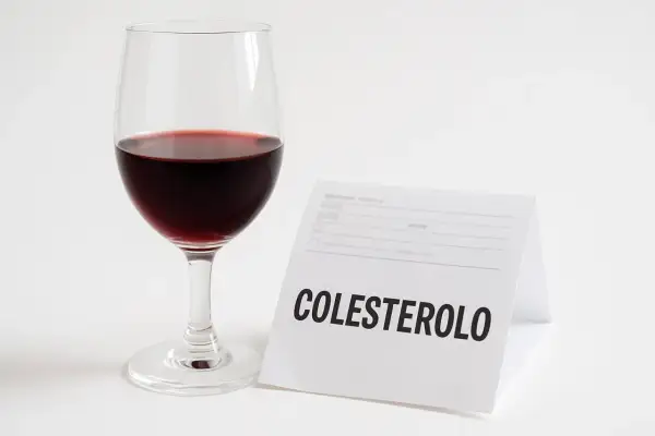 Un bicchiere di vino rosso accanto a un foglio con la scritta "COLESTEROLO".