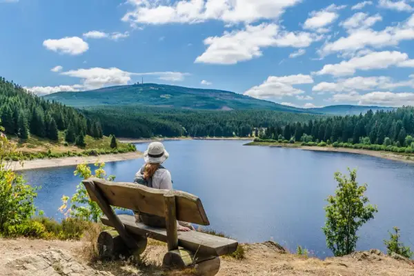 Frau auf Holzbank blickt auf See und bewaldete Berge im Harz.