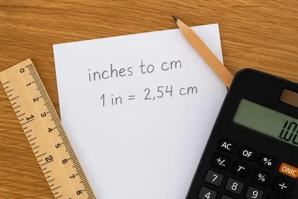 Notatka z kalkulatorem i linijką wyjaśnia, że cal to angielska jednostka długości równa 2,54 cm.