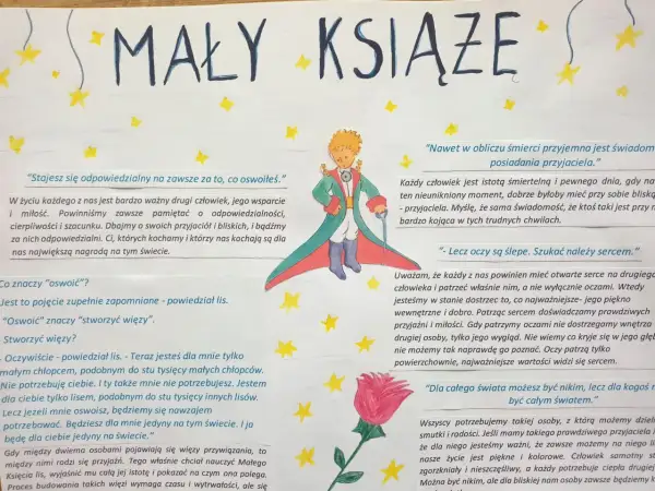 Cytaty z Małego Księcia: "Stajesz się odpowiedzialny na zawsze za to, co oswoiłeś." i "Lecz oczy są ślepe. Szukać należy sercem.