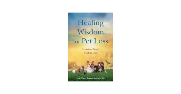 Book cover "Healing Wisdom for Pet Loss" features a group of animals, offering comfort and guidance for pet loss support.
