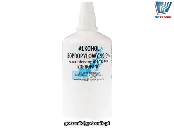 Butelka alkoholu izopropylowego 99,9%. Nie, czy alkohol izopropylowy można pić, jest to środek chemiczny.