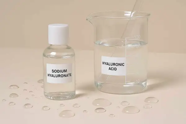 En flaska med sodium hyaluronate bredvid ett mätglas med hyaluronsyra. Vattendroppar ligger utspridda på ytan.