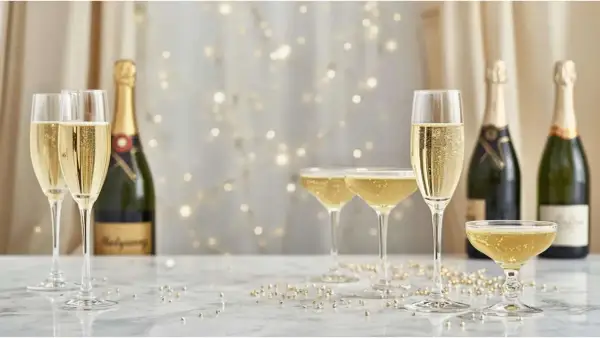 Kieliszki wypełnione musującym **brut champagne** i butelki na tle migoczących światełek. Idealny nastrój na świętowanie.