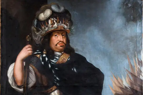 Karl X Gustav, en mäktig kung med en imponerande hatt, bär rustning och håller en spira. Hans ansikte är fyllt av pondus, men hur dog Karl X Gustav?