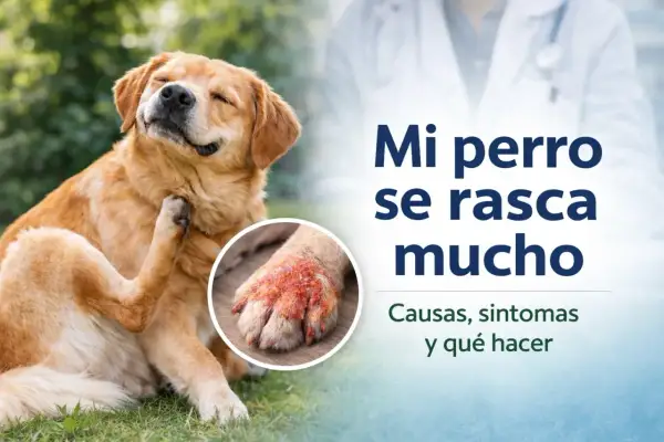 Un perro dorado se rasca la oreja con la pata. Una imagen muestra una pata irritada. "Mi perro se rasca mucho" es el título.