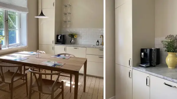 Ljust kök med matbord och stolar. Köksluckor i en ljusbeige nyans, perfekt för den som vill måla luckor i en ny färg.