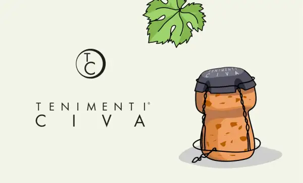 Tappo di sughero con logo "Tenimenti Civa" e foglia di vite, simbolo delle bollicine italiane.