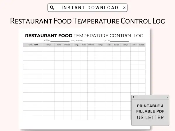 Karta kontroli temperatury w urządzeniach chłodniczych restauracji. Dokument zawiera kolumny na pozycję, temperaturę, czas i inicjały.