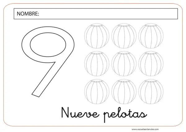 Ficha número 9: un gran número 9 junto a nueve pelotas para colorear.