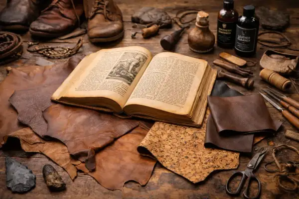 Livre ancien ouvert sur des peaux de cuir, outils et flacons. L'image évoque le tannage, un art ancestral de transformation du cuir.