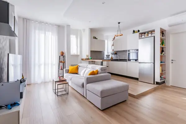 Un ampio open space moderno con divano grigio, cucina a vista e pavimento in legno chiaro.