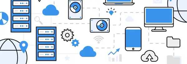 Sieć serwerów, dysków, chmur i urządzeń mobilnych symbolizuje działanie firm hostingowych.