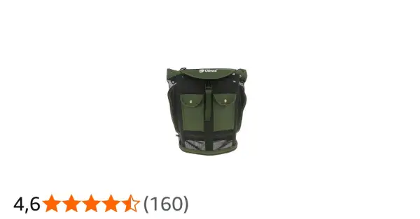 Mochila de malla verde con bolsillos, ideal para recolectar setas.