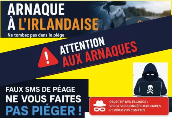 Attention aux arnaques ! Ne tombez pas dans le piège des faux SMS de péage. L'objectif des escrocs est de voler vos données bancaires. Tentative d'escroquerie code pénal.