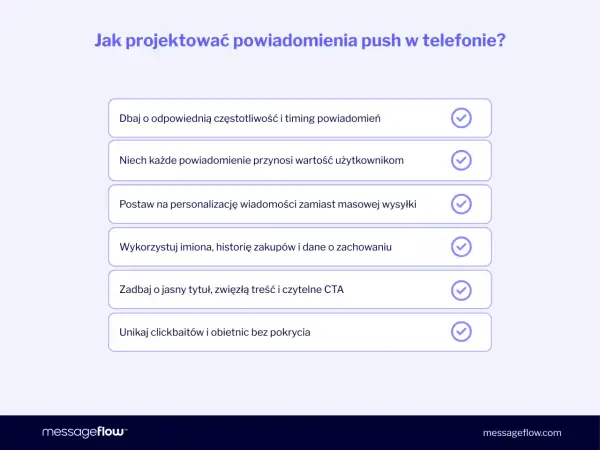 Grafika przedstawia listę wskazówek dotyczących projektowania powiadomień push, z zaznaczonymi elementami.