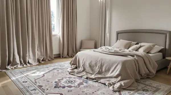 Chambre paisible avec lit douillet, tapis orné et rideaux épais pour une isolation phonique mur chambre parfaite.