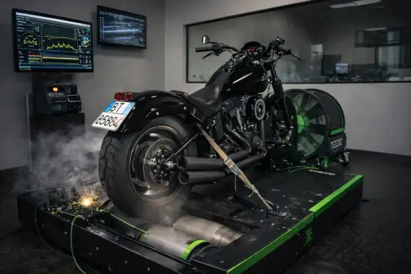 Moto negra en dinamómetro, lista para aumentar caballos. No es un coche diésel, ¡es pura potencia!