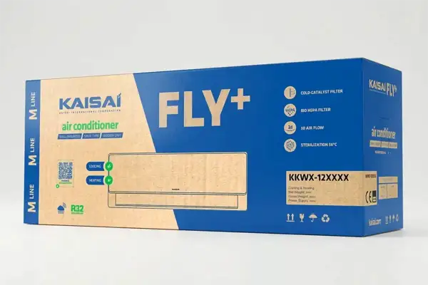 Klimatyzator Kaisai Fly+ 3.5 kW. Opakowanie informuje o funkcjach i klasie energetycznej, pomagając ocenić, ile prądu zużywa klimatyzacja 3.5 kW.
