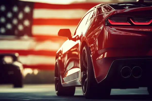 Błyszczący, czerwony samochód sportowy, symbol amerykańskich samochodów, na tle flagi USA.