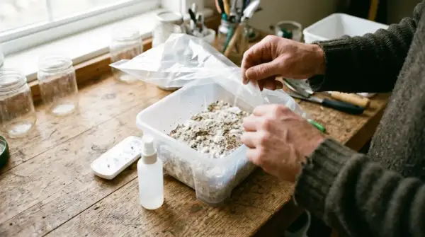 Man manipula un contenedor con sustrato para cultivar setas. El pan de setas no fructifica, pero la esperanza persiste.