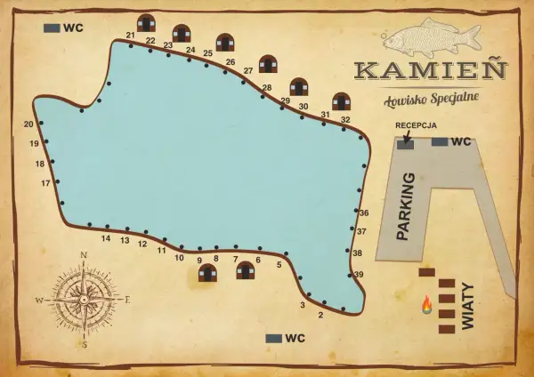 Mapa łowiska Kamień z zaznaczonymi stanowiskami, WC, parkingiem i wiatami. Idealne miejsce na wędkarską przygodę.