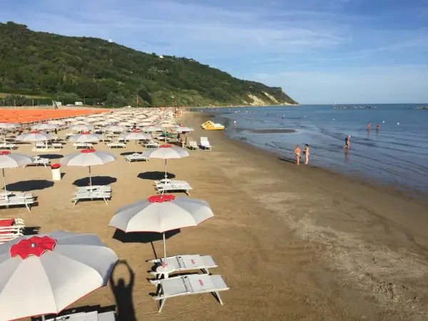 Ampia baia flaminia spiaggia con file di ombrelloni e lettini, bagnanti in acqua e una collina verde sullo sfondo.